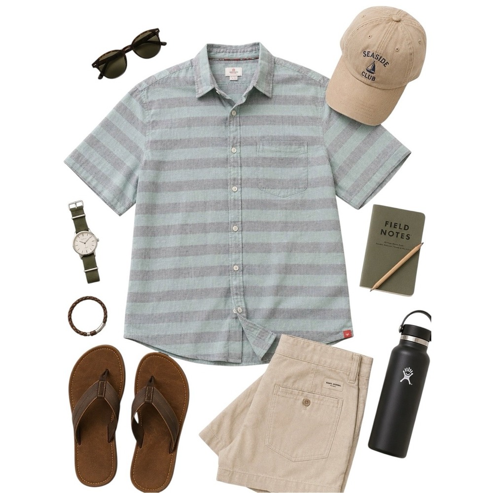 Islander Linen Cotton Striped Camp Shirt Mens L Mint Green Gray Coastal Resort